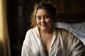 Young beautiful and chubby girl wearing a bathrobe smiles looking at the camera. - obrazy, fototapety, plakaty