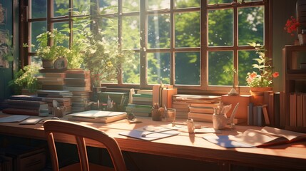 Fototapeta na wymiar Anime inspired lofi interior: a cozy desk with hip-hop lights and manga vibes overlooking the forest
