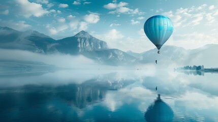 A hot air balloon floats above azure water, with mountains in the backdrop