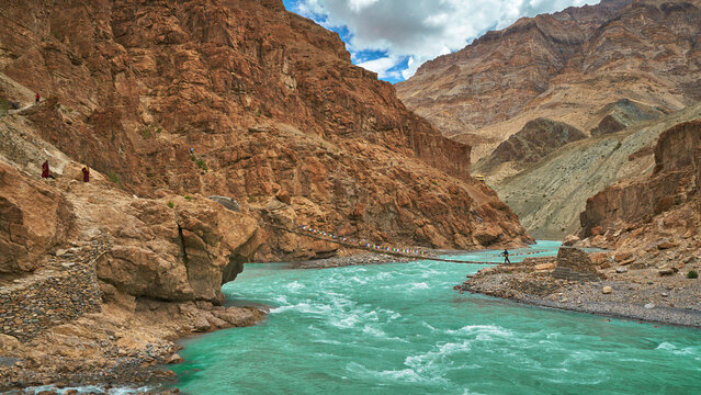 Suspension bridge under the Zanskar river near Phuktal monastery