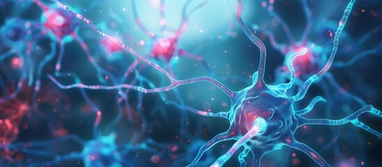 3d illustration visual microscopic of Neurons and nerve cells background. Generated AI image - obrazy, fototapety, plakaty