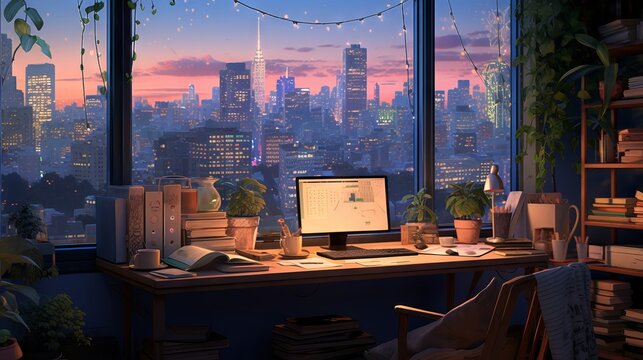 Anime Inspired Lofi Interior: A Cozy Desk with Hip-Hop Lights and Manga Vibes Overlooking the Forest