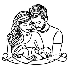 Continuous one black line art drawing parents with newborn baby doodles outline style vector illustration on white background