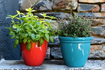 Thyme and basil plants 