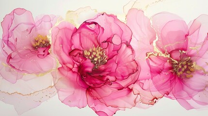 Fototapeta premium Pink peonies, delicate pink color, gold outline. Watercolor, liquid art, marble. Contemporary art. Alcohol ink.