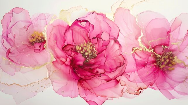 Pink peonies, delicate pink color, gold outline. Watercolor, liquid art, marble. Contemporary art. Alcohol ink.