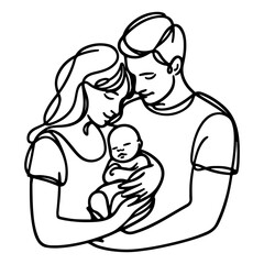Continuous one black line art drawing parents with newborn baby doodles outline style vector illustration on white background