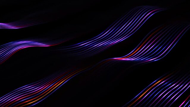 Glowing pixelated lines on the surface of waves. Abstract concept of artificial intelligence, sound waves, business data analysis. 4K looped video of 3D flowing colored soundwaves on black background