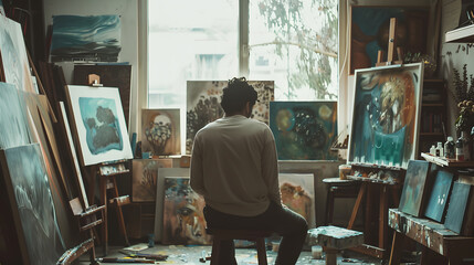 Highlight the contemplative side of an artist surrounded by completed works. Visualize an artist in a peaceful moment, contemplating their creations. - obrazy, fototapety, plakaty
