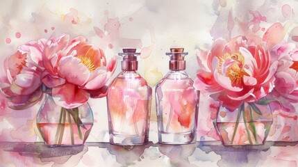 Two bottles of perfume, with peonies, pale pink, gold, fluid art, watercolor, alcohol ink.