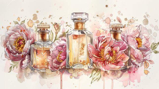 Perfume bottles, with peonies, pale pink, gold, fluid art, watercolor, alcohol ink.
