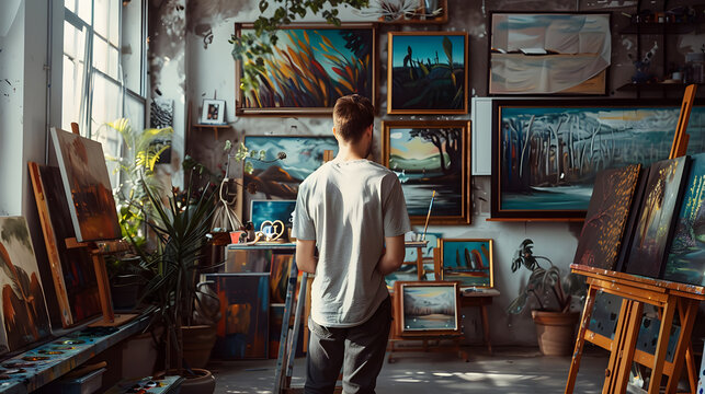 Highlight the contemplative side of an artist surrounded by completed works. Visualize an artist in a peaceful moment, contemplating their creations.