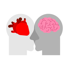 Heart and brain in two head. Mind or feelings concept. - 748647402