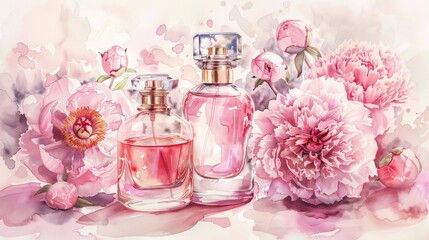 Obraz na płótnie Canvas Two bottles of perfume with peonies, pale pink, gold, fluid art, watercolor, alcohol ink.