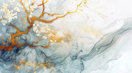 Beautiful abstract background. Branches without leaves, sakura, golden contour, Liquid art, marble. Contemporary art. Alcohol ink.
