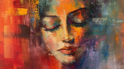 Portrait of a woman with her eyes closed, a beautiful sweet girl. Abstract oil painting in pastel. 
Interior painting. Contemporary art.