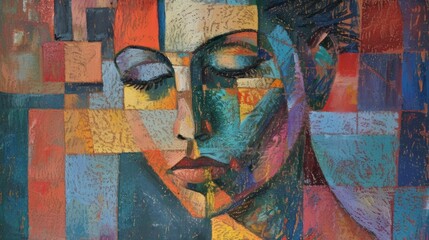 Portrait of a woman with her eyes closed, a beautiful sweet girl. Abstract oil painting in pastel. 
Interior painting. Contemporary art.