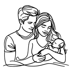 Obraz premium Continuous one black line art drawing parents with newborn baby doodles outline style vector illustration on white background