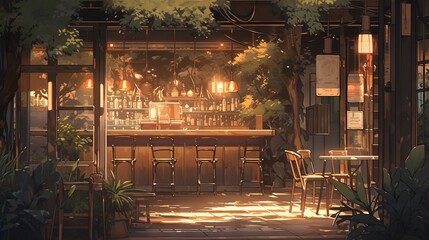 Anime-style illustration of a cozy cafe interior with wooden furniture and orange lighting, anime chill hip stream overlay loop background - obrazy, fototapety, plakaty
