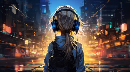 Anime girl with headphones enjoying music in a futuristic city, cyberpunk and steampunk style illustration