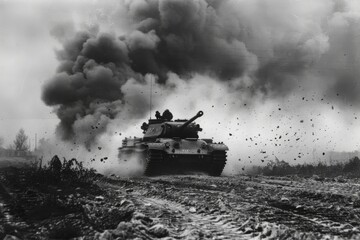 The tank moves quickly over muddy terrain. - obrazy, fototapety, plakaty