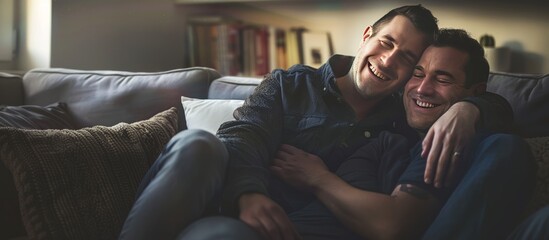 couple of men hugging on the sofa at home, homosexuality and diversity