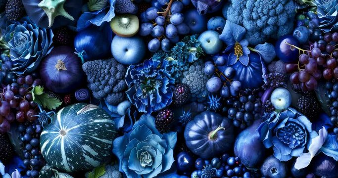 Blue fruits and vegetables, artistic arrangement of blue fruits and vegetables depicting nature's variety pattern