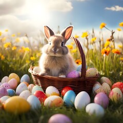 Coniglio domestico divertente che si trova nel cestino della paglia con le uova di Pasqua dipinte
 - obrazy, fototapety, plakaty