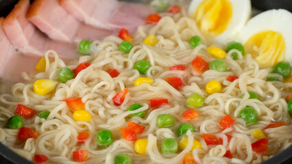 Ramen noodles with eggs and bacon ready to eating