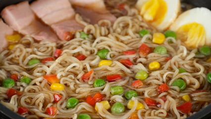 Ramen noodles with eggs and bacon ready to eating