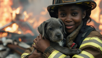 An African-American firefighter in a firefighter costume holds a dog rescued from a fire. Against the background of a burning house. International firefighters' day.