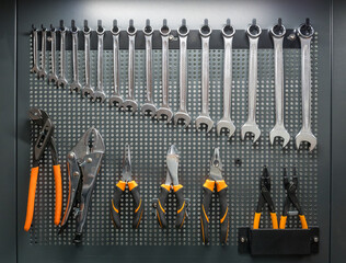 Collection of mechanic hand tools hanging on tool board