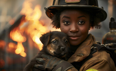 An African-American firefighter in a firefighter costume holds a dog rescued from a fire. Against the background of a burning house. International firefighters' day.