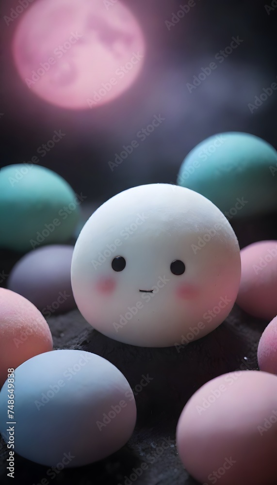 Poster a whimsical round character with large, expressive eyes sits surrounded by soft pastel spheres, crea