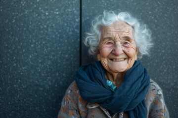 Portrait of a smiling elderly woman with white hair, wearing a blue scarf, against a textured grey background.