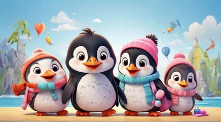 Fototapeta premium Cartoon penguin characters friends together for children, friendship and play time, happy joy, as a wide banner or poster for kindergarten, kindergarten and children's bedroom