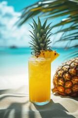 Tropical freshness fruits pineapple juice on sunny beach under palm shadow. Cold summer popular beverage with ice for best vacation. Close up.