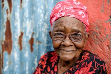 Elderly woman with a gentle smile, wearing a yellow floral dress, with a blurred background.