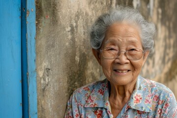 Portrait of a smiling elderly woman with glasses, standing by a blue door with a textured wall background.