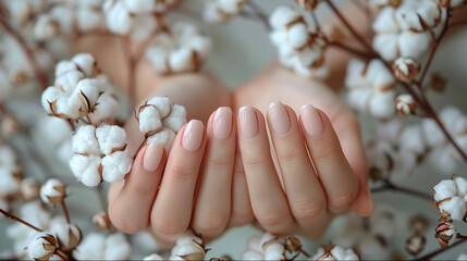 Delicate clean nails with cotton flowers. Professional manicure of natural skin tone range.