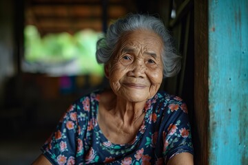 Portrait of a smiling elderly woman with grey hair, wearing a floral dress, sitting in a rustic setting with soft focus background.