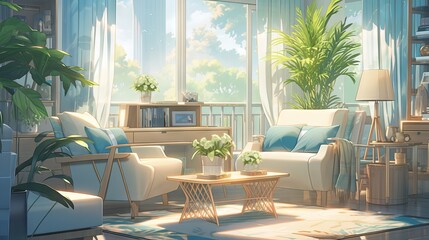 Minimalist and cozy living room with anime-style illustration - bright and muted colors, natural light, and modern furniture