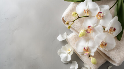 Serene Spa Concept with White Orchids and Soft Towels on Textured Background.