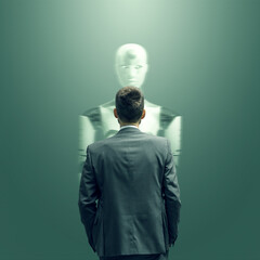Businessman staring at a humanoid AI robot - obrazy, fototapety, plakaty