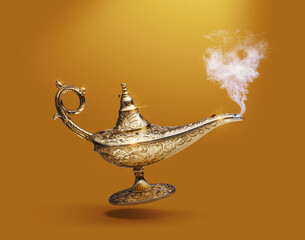Golden magic lamp on gold background
