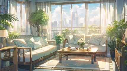 Minimalist and cozy living room with anime-style illustration - bright and muted colors, natural light, and modern furniture