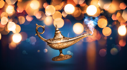 Golden magic lamp and bokeh lights background