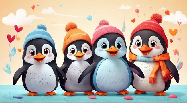 Cartoon penguin characters friends together for children, friendship and play time, happy joy, as a wide banner or poster for kindergarten, kindergarten and children's bedroom