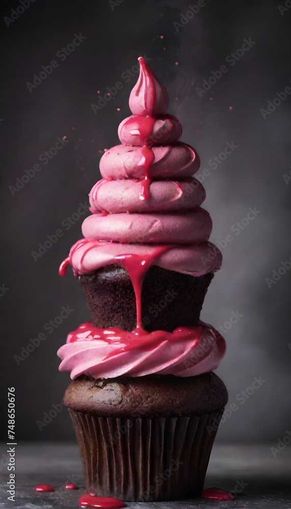 Poster a dynamic splash of blue and pink icing adds a playful touch to the chocolate cupcake, creating a fe