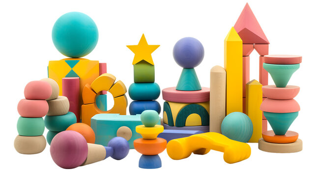 Colorful wooden toys isolated on transparent background 
